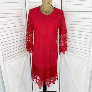 J Gee Lace Sheath Dress Red Large Knee‎ Length Party Long Sleeve